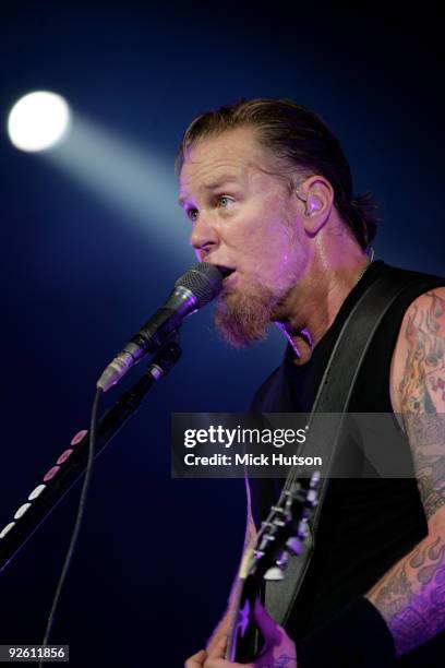 James Hetfield of Metallica performs on stage at the O2 Arena on September 15th, 2008 in London.