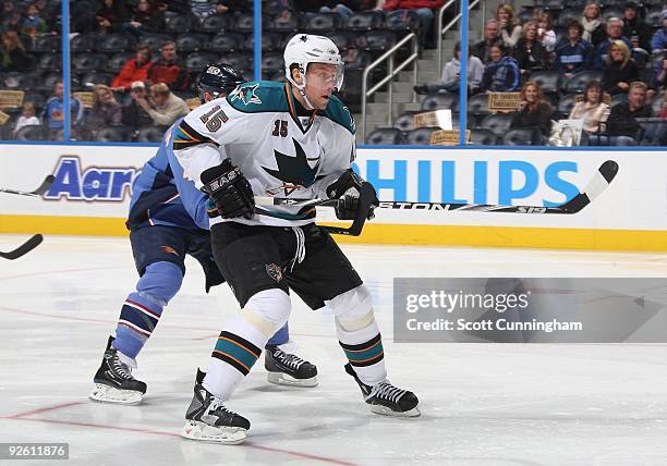 Dany Heatley of the San Jose Sharks backchecks against the Atlanta Thrashers at Philips Arena on October 24, 2009 in Atlanta, Georgia.