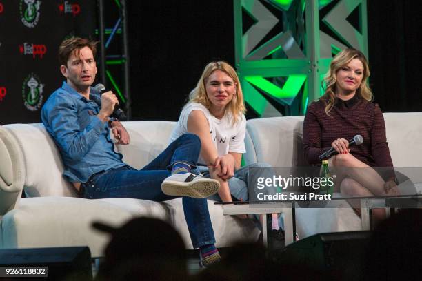 Actor David Tennant and actress Billie Piper of Dr. Who and moderator Clare Kramer speak on stage at Washington State Convention Center on March 1,...