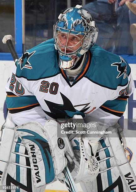 Evgeni Nabokov of the San Jose Sharks gets set for play against the Atlanta Thrashers at Philips Arena on October 24, 2009 in Atlanta, Georgia.