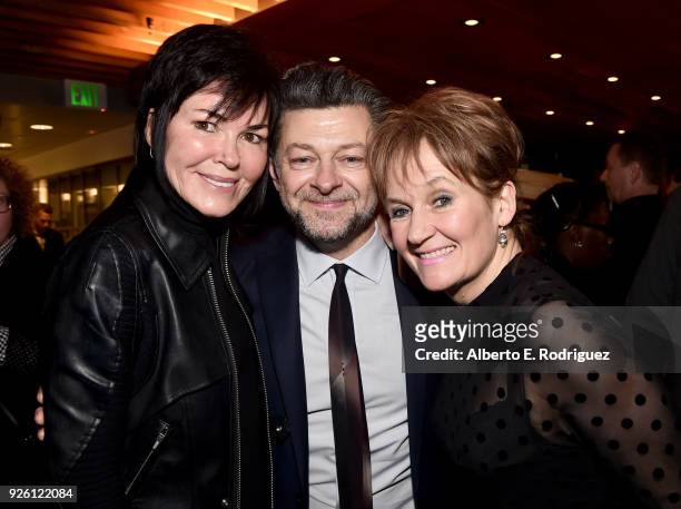 Hylda Queally, Andy Serkis, and Lorraine Ashbourne attend the Oscar Wilde Awards 2018 at Bad Robot on March 1, 2018 in Santa Monica, California.