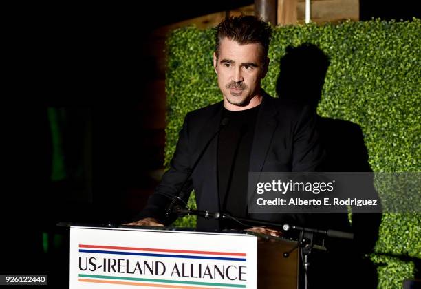 Colin Farrell speaks onstage during the Oscar Wilde Awards 2018 at Bad Robot on March 1, 2018 in Santa Monica, California.