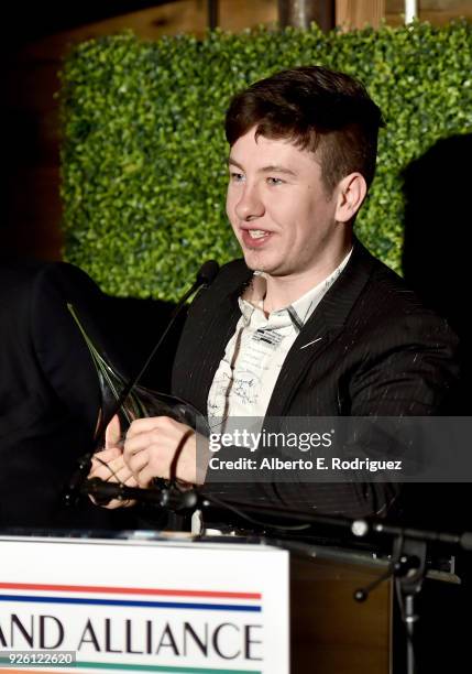 Barry Keoghan speaks onstage during the Oscar Wilde Awards 2018 at Bad Robot on March 1, 2018 in Santa Monica, California.