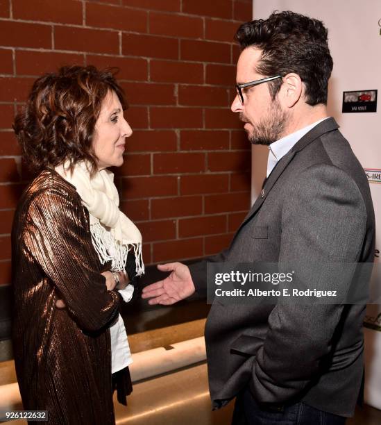 Andrea Martin and J.J. Abrams attend the Oscar Wilde Awards 2018 at Bad Robot on March 1, 2018 in Santa Monica, California.