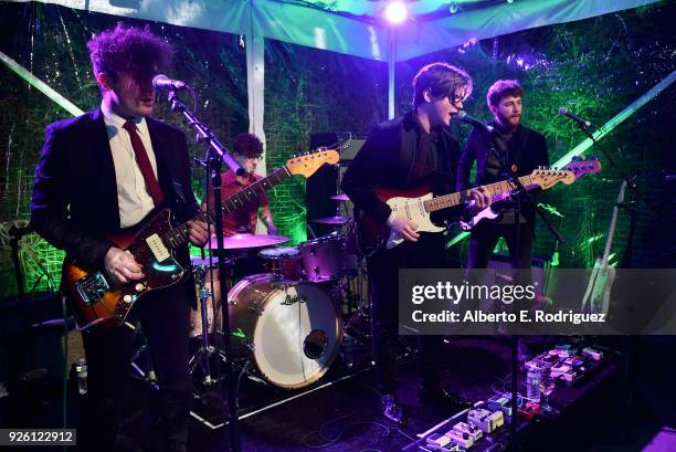 Matt Murtagh, Dean Gavin, Craig Fitzgerald, and Stephen Murtagh of The Academic perform onstage at the Oscar Wilde Awards 2018 at Bad Robot on March...