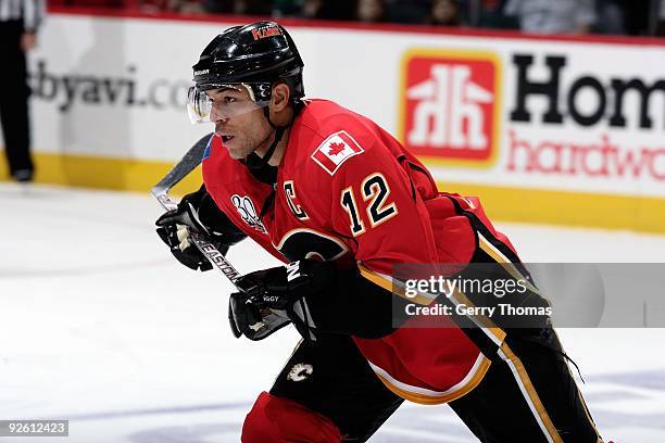 Jarome Iginla of the Calgary Flames skates against the Edmonton Oilers on October 24, 2009 at Pengrowth Saddledome in Calgary, Alberta, Canada. The...