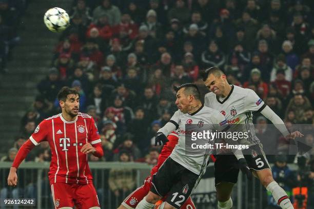Javi Martinez of Bayern Muenchen , Gary Medel of Besiktas Istanbul and Pepe of Besiktas Istanbul controls the ball during the UEFA Champions League...