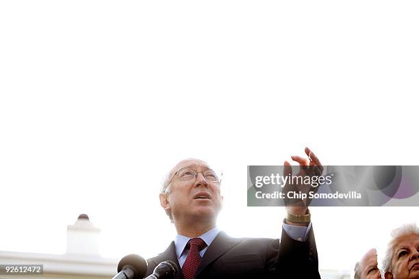 Interior Secretary Ken Salazar talks to the news media outside the White House November 2, 2009 in Washington, DC. Salazar hosted a Clean Energy...