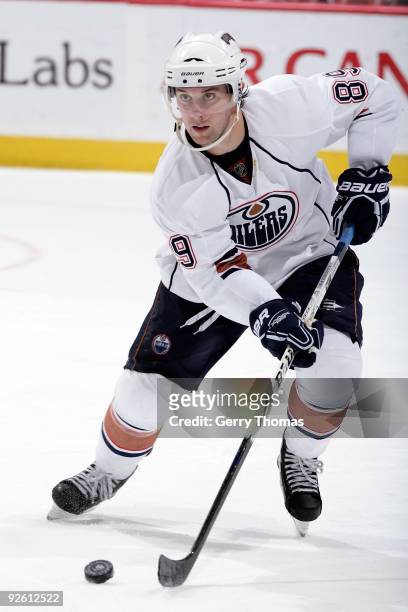 Sam Gagner of the Edmonton Oilers skates against the Calgary Flames on October 24, 2009 at Pengrowth Saddledome in Calgary, Alberta, Canada. The...