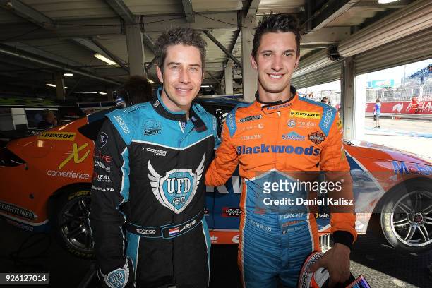 Arie Luyendyk Jr. From the Bachelor poses for a photo with Nick Percat driver of the Brad Jones Racing Commodore ZB after a hot lap during qualifying...