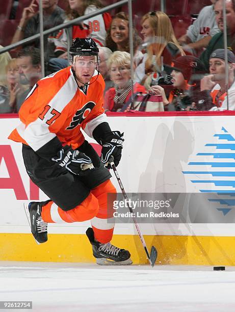 Jeff Carter of the Philadelphia Flyers skates with the puck against the Carolina Hurricanes on October 31, 2009 at the Wachovia Center in...