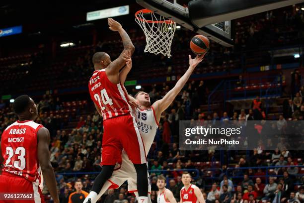 Vladimir Stimac shoots a layup during a game of Turkish Airlines EuroLeague basketball between AX Armani Exchange Milan vs Anadolu Efes Istanbul at...