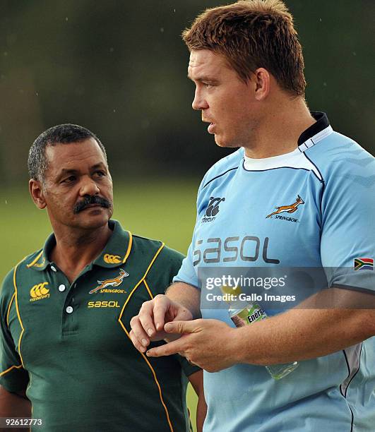 Peter de Villiers and John Smit of the Springboks share a conversation during the open training session at St David's Marist Inanda on November 02,...