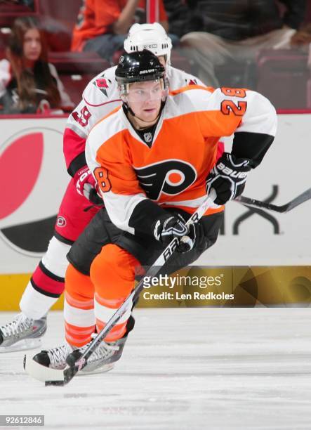 Claude Giroux of the Philadelphia Flyers skates with the puck against the Carolina Hurricanes on October 31, 2009 at the Wachovia Center in...