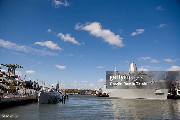 The amphibious transport dock ship, the soon to be commissioned USS New York docks at pier 88 on the west side of Manhattan during an arrival...