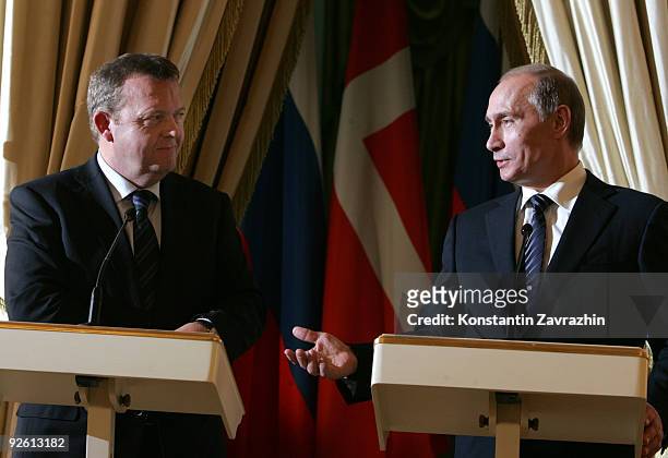 Russian Prime Minister Vladimir Putin and Danish Prime Minister Lars Loekke Rasmussen hold a joint press conference after their talks November 2,...