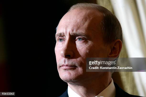 Russian Prime Minister Vladimir Putin holds a joint press conference after Russian-Danish talks with Danish Prime Minister Lars Loekke Rasmussen...