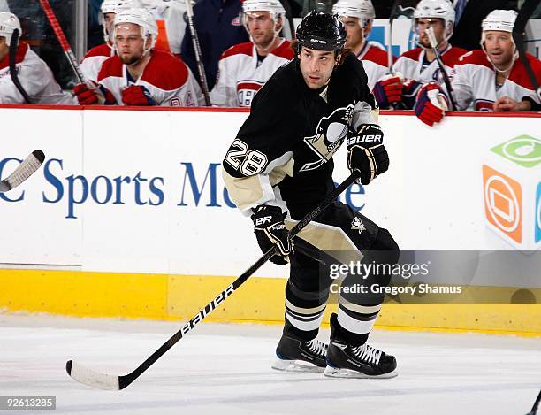 Eric Godard of the Pittsburgh Penguins skates up ice against the Montreal Canadiens on October 28, 2009 at the Mellon Arena in Pittsburgh,...