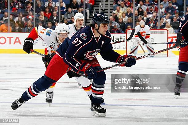 Rostislav Klesla of the Columbus Blue Jackets skates during the game against the Calgary Flames on October 13, 2009 at Nationwide Arena in Columbus,...