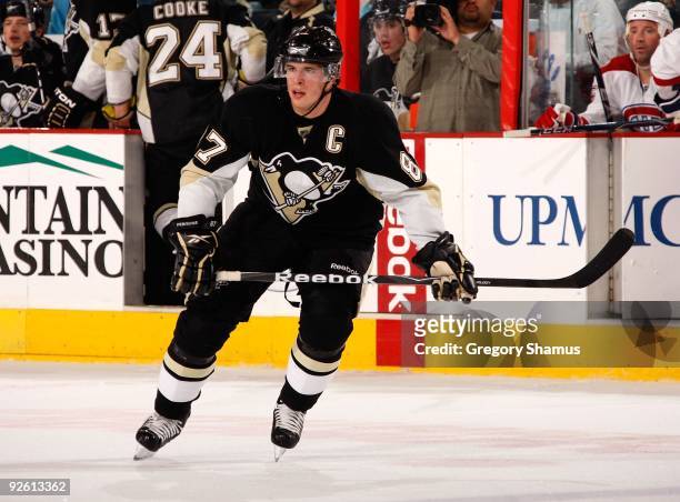 Sidney Crosby of the Pittsburgh Penguins skates up ice against the Montreal Canadiens on October 28, 2009 at the Mellon Arena in Pittsburgh,...