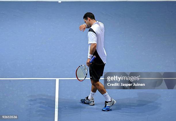 Alejandro Falla of Colombia reacts in his first round match against Nikolay Davydenko of Russia during the ATP 500 World Tour Valencia Open tennis...