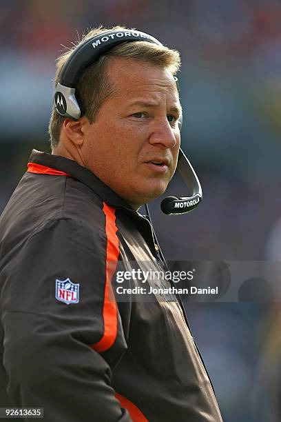 Head coach Eric Mangini of the Cleveland Browns watches as his team takes on the Chicago Bears at Soldier Field on November 1, 2009 in Chicago,...