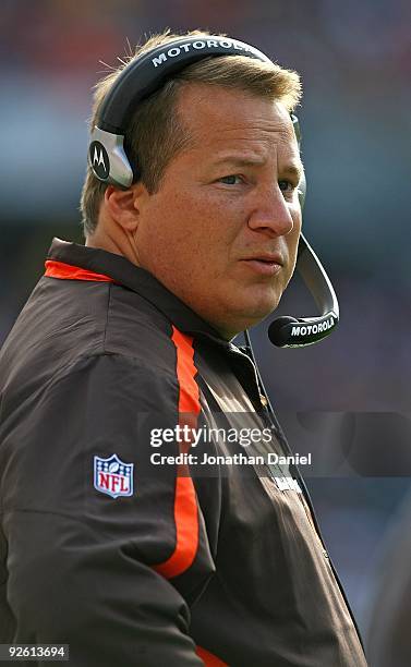 Head coach Eric Mangini of the Cleveland Browns watches as his team takes on the Chicago Bears at Soldier Field on November 1, 2009 in Chicago,...