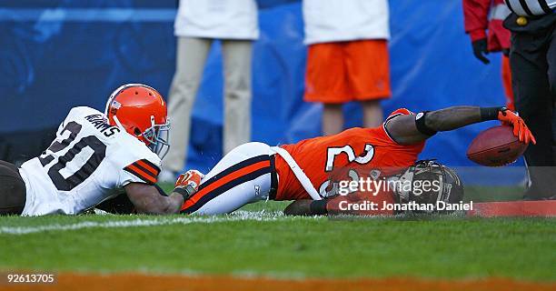 Devin Hester of the Chicago Bears is stopped just short of the goal line by Mike Adams of the Cleveland Browns at Soldier Field on November 1, 2009...