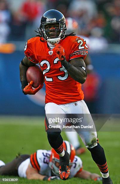 Devin Hester of the Chicago Bears returns a punt against the Cleveland Browns at Soldier Field on November 1, 2009 in Chicago, Illinois. The play was...