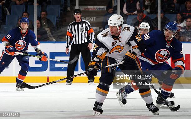 Craig Rivet of the Buffalo Sabres skates against the New York Islanders on October 31, 2009 at Nassau Coliseum in Uniondale, New York. The Isles...
