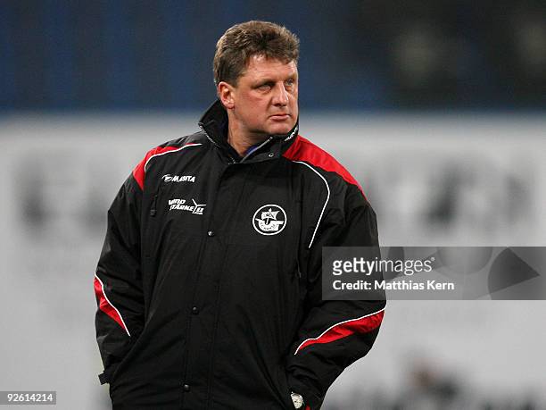 Head coach Andreas Zachhuber of Rostock is seen during the Second Bundesliga match between FC Hansa Rostock and FC St. Pauli at the DKB Arena on...