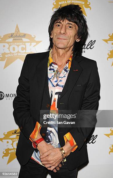 Ronnie Wood from the rock group the Rolling Stones attends the Classic Rock Roll Of Honour Awards at the Park Lane Hotel on November 2, 2009 in...