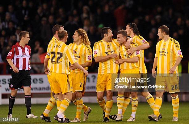 Ryan Taylor of Newcastle United celebrates his goal during the Coca Cola Championship match between Sheffield United and Newcastle United at Bramall...