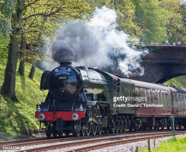 the flying scotsman on the bluebell railway line, horsted keynes, west sussex, england, uk - history and progress of the steam engine stock pictures, royalty-free photos & images