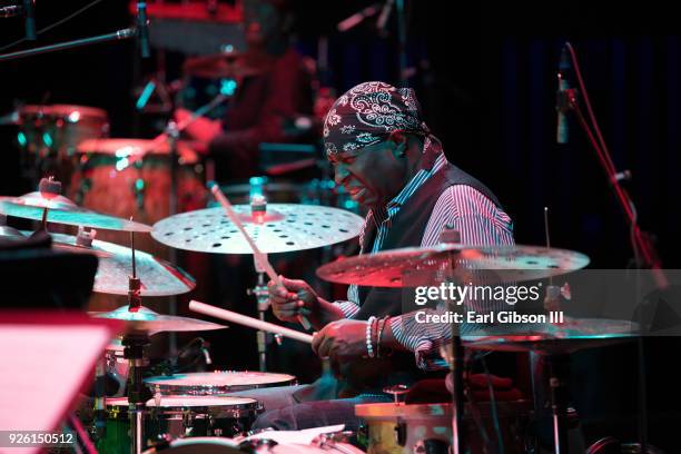 Drummer Vince Wilburn Jr. Performs with the Miles Electric Band at Valley Performing Arts Center on March 1, 2018 in Northridge, California.