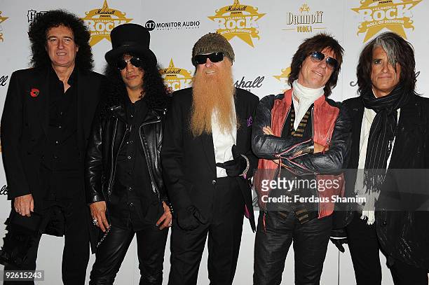 Bryan May,Slash, Billy Gibbons, Jeff Beck and Joe Perry attend the Classic Rock Roll of Honour at Park Lane Hotel on November 2, 2009 in London,...