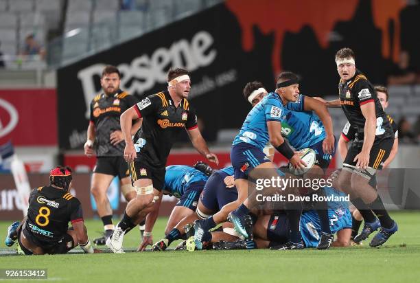 Captain Augustine Pulu of the Blues clears the ball during the round two Super Rugby match between the Blues and the Chiefs at Eden Park on March 2,...