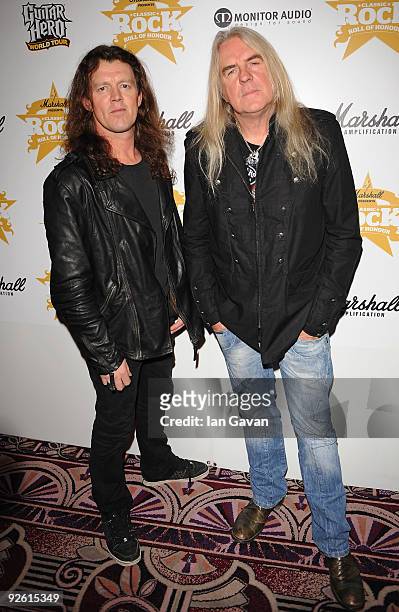 Nibbs Carter and Biff Byford from the rock band Saxon attend the Classic Rock Roll Of Honour Awards at the Park Lane Hotel on November 2, 2009 in...