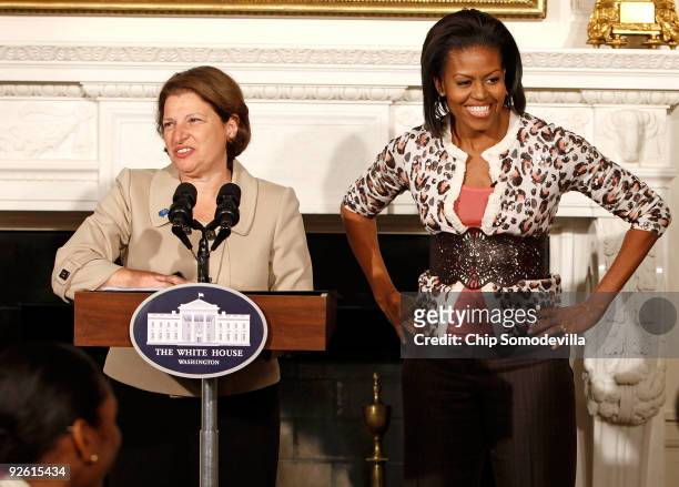 First lady Michelle Obama and her Chief of Staff Susan Sher address a group of female students during an event to kick off a White House leadership...