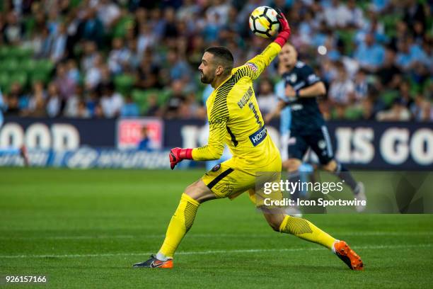 Dean Bouzanis of Melbourne City clears the ball after an attempt at goal during Round 22 of the Hyundai A-League Series between Melbourne City and...