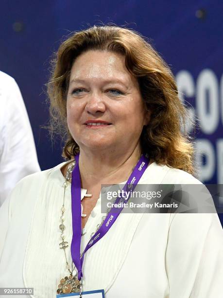 Mining magnate and business women Gina Rinehart is seen watching on during the 2018 Australia Swimming National Trials at the Optus Aquatic Centre on...