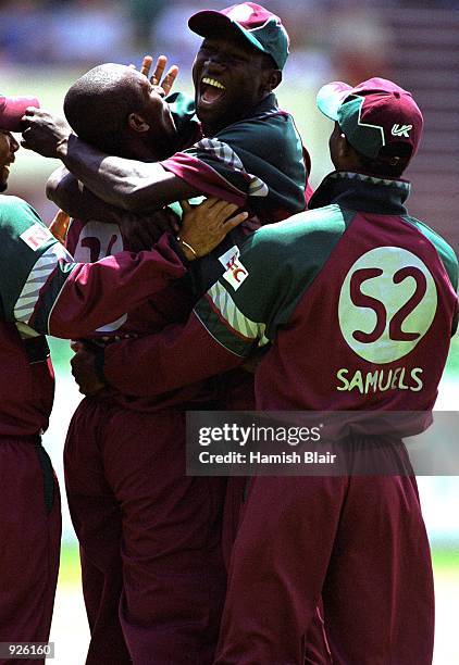 Wavell Hinds of the West Indies celebrates the wicket of Adam Gilchrist of Australia, in the Carlton One Day International Series match between...