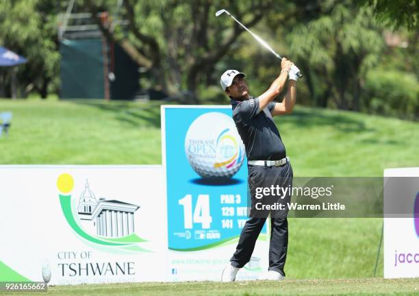 Felipe Aguilar of Chile tees off on the 14th hole during the second round of the Tshwane Open at Pretoria Country Club on March 2, 2018 in Pretoria,...