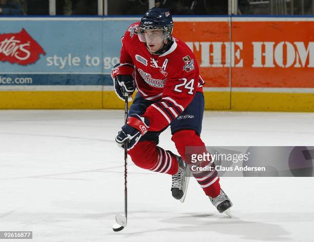 Calvin de Haan of the Oshawa Generals skates with the puck in a game against the London Knights on October 30, 2009 at the John Labatt Centre in...