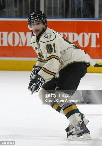 Nazem Kadri of the London Knights skates in a game against the Oshawa Generals on October 30, 2009 at the John Labatt Centre in London, Ontario. The...