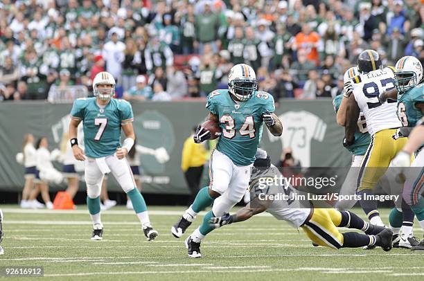 Ricky Williams of the Miami Dolphins carries the ball during a game against the New York Jets at Giants Stadium on November 1, 2009 in East...