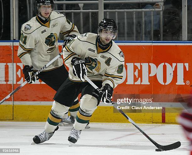 Nazem Kadri of the London Knights skates with the puck in a game against the Oshawa Generals on October 30, 2009 at the John Labatt Centre in London,...
