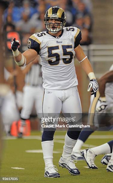 James Laurinaitis of the St. Louis Rams yells instructions during the game against the Detroit Lions at Ford Field on November 1, 2009 in Detroit,...