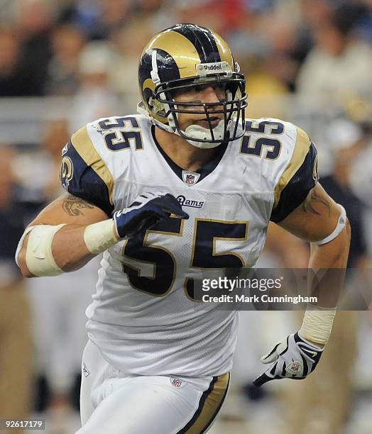 James Laurinaitis of the St. Louis Rams pursues on a play against the Detroit Lions at Ford Field on November 1, 2009 in Detroit, Michigan. The Rams...