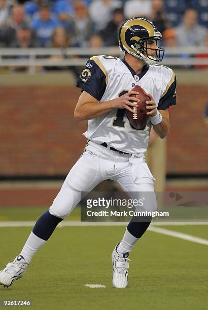 Marc Bulger of the St. Louis Rams looks to throw a pass against the Detroit Lions at Ford Field on November 1, 2009 in Detroit, Michigan. The Rams...